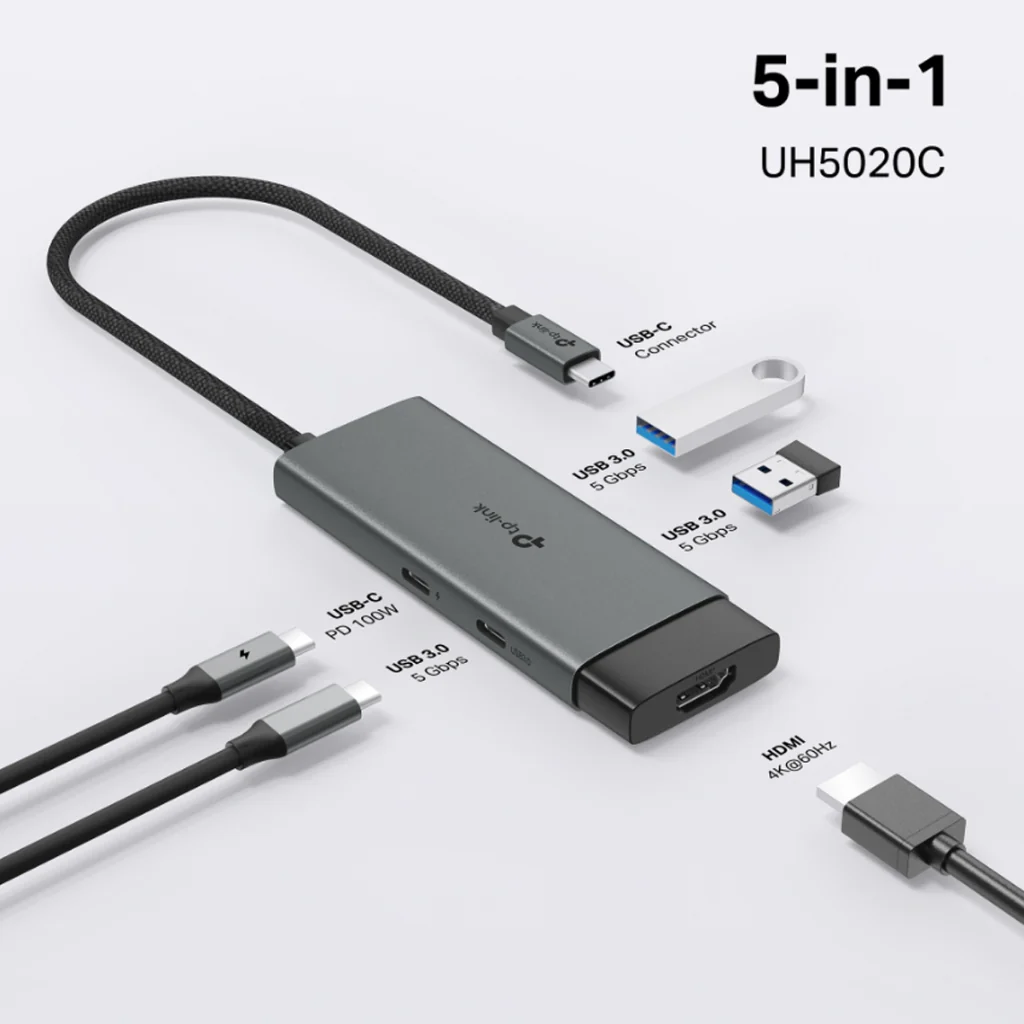 60Hz Ethernet PD USB 3.0 Ports Adapter UH5020C USB Type-C 5 in 1 Hub