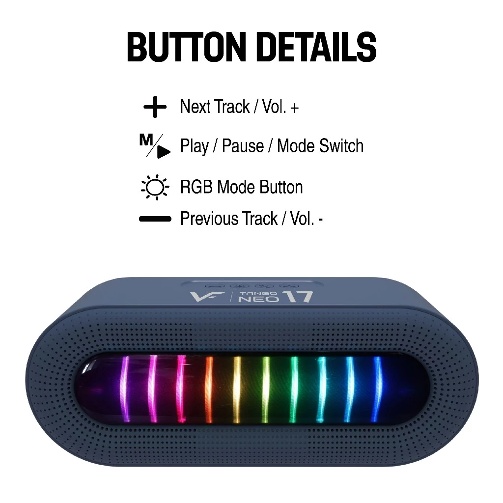 Vinnfier Tango Neo 17 Portable Bluetooth Speaker with RGB Lights Deep Bass Bluetooth 5.3, USB, TF/Micro SD